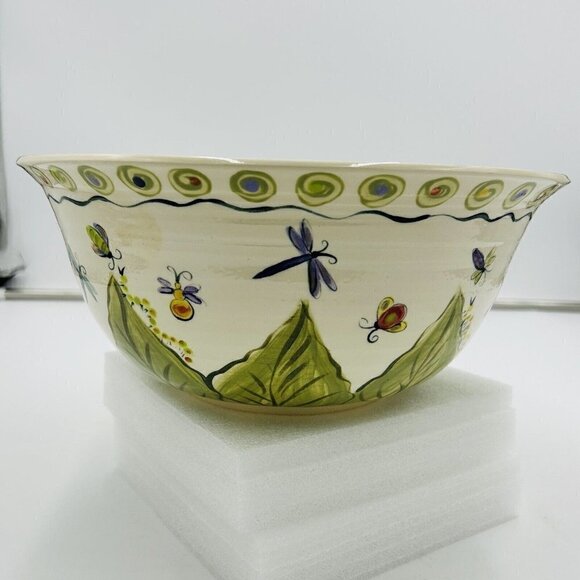 Hand Painted Art Pottery 11” x 5" Serving Bowl Signed SLR Butterfly Pattern - Picture 1 of 9